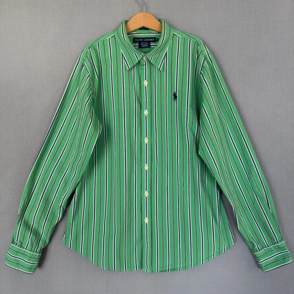 Ralph Lauren Boys 10 Slim Fit Green Striped Button Down‎ Long Sleeve Shirt